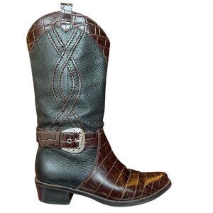 Brighton Will Black Brown Croc Print Leather Cowboy Western Boots Womens 7 M